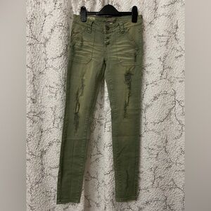 Hot Kiss Olive Green Distressed Button-Fly Jeans Size 0